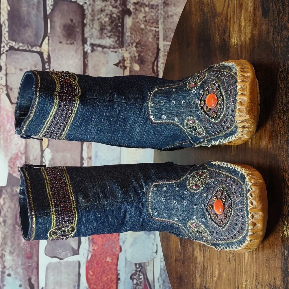 Bamboo Embellished Denim Moccasin Style Ankle Boots - Picture 2 of 16
